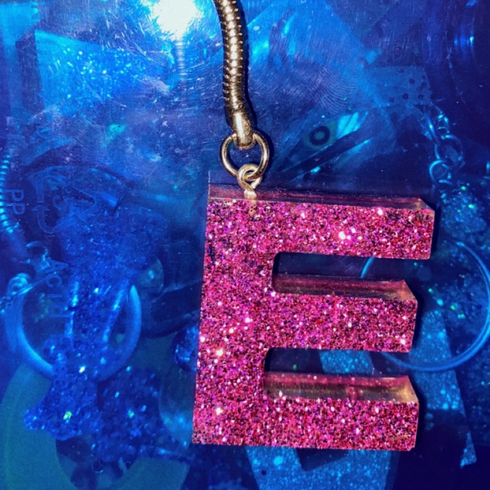 Pink Sparkle Resin Keychain, Letter “E”